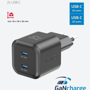 SÍŤOVÝ ADAPTÉR GaN 2x USB-C 20W POWER DELIVERY ČERNÝ