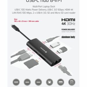 USB-C HUB 8-IN-1 (USB-C 100W, HDMI 4K, LAN RJ45, 2x USB-A, 1x USB-C 5GBps, SD, MICRO SD) ALUMINIUM