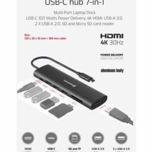 USB-C HUB 7-IN-1 (USB-C 100W, HDMI 4K, 1x USB-A 3.0, 2x USB-A 2.0, SD, MICRO SD) ALUMINIUM