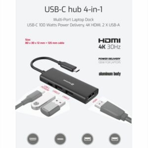USB-C rozbočovač 4 v 1 (USB-C 100 W, HDMI 4K, 2x USB-A) z hliníka